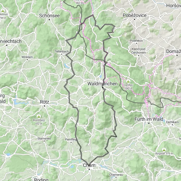 Map miniature of "Cham and Czech Border Adventure" cycling inspiration in Oberpfalz, Germany. Generated by Tarmacs.app cycling route planner