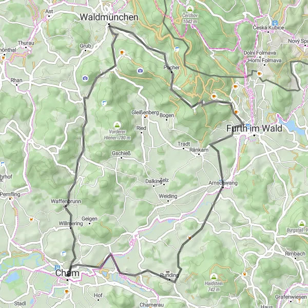Map miniature of "The Cham Challenge" cycling inspiration in Oberpfalz, Germany. Generated by Tarmacs.app cycling route planner