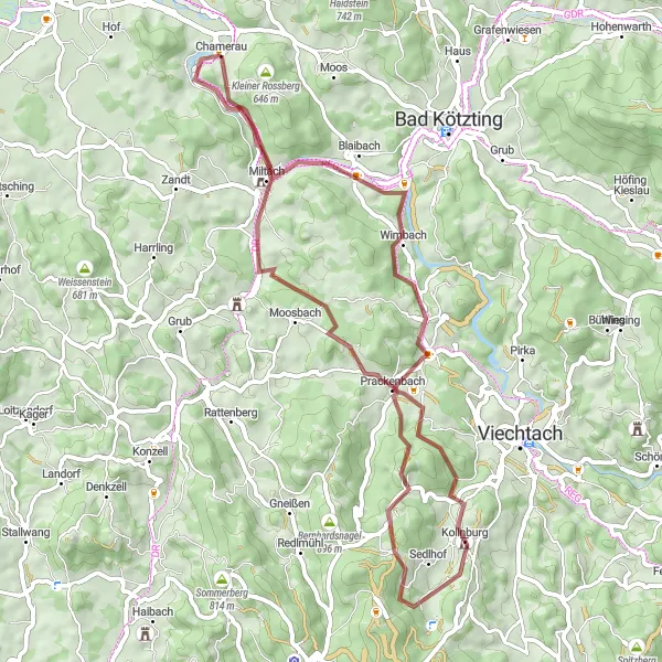 Karten-Miniaturansicht der Radinspiration "Chamerau - Blaibach - Fichtental - Hofberg - Prackenbach - Miltach - Hörwalting" in Oberpfalz, Germany. Erstellt vom Tarmacs.app-Routenplaner für Radtouren