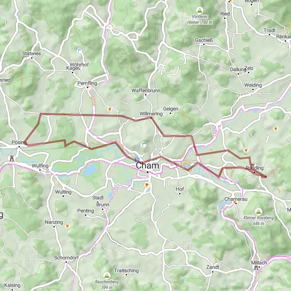 Karten-Miniaturansicht der Radinspiration "Chamerau - Galgenberg - Cham - Pösing - Katzenbühl - Aussichtsplattform - Runding" in Oberpfalz, Germany. Erstellt vom Tarmacs.app-Routenplaner für Radtouren