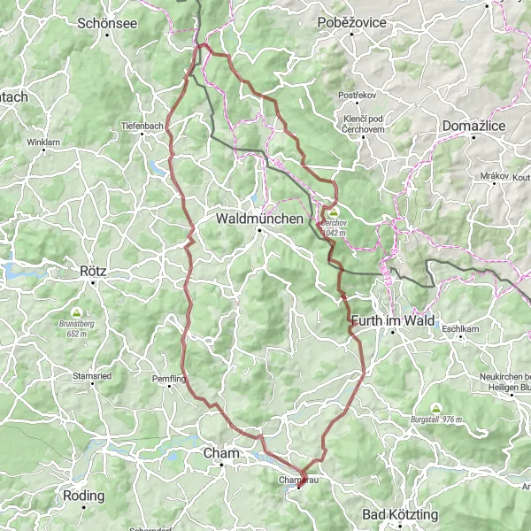 Karten-Miniaturansicht der Radinspiration "Chamerau - Willmering - Münchberg - Degenberg - Treffelstein - U Závisti - Závist - Černá Řeka - Čerchov - Gibacht - Arnschwang - Aussichtsplattform - Runding" in Oberpfalz, Germany. Erstellt vom Tarmacs.app-Routenplaner für Radtouren