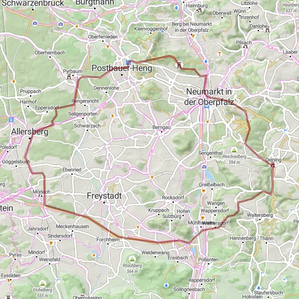 Map miniature of "The Gravel Adventure" cycling inspiration in Oberpfalz, Germany. Generated by Tarmacs.app cycling route planner