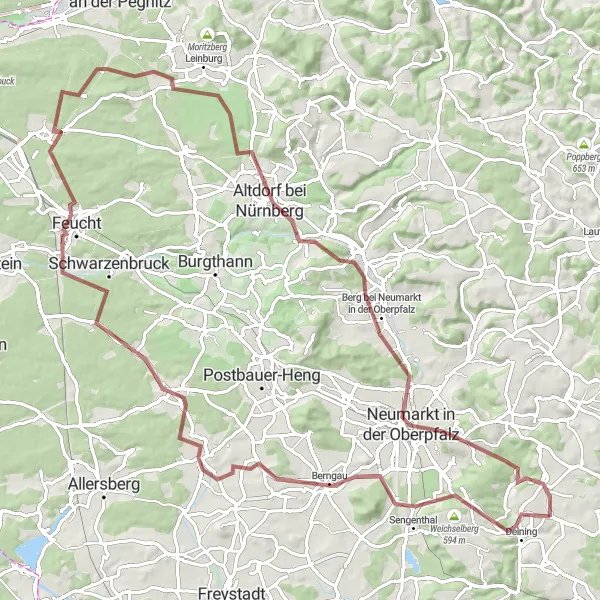 Map miniature of "Lakes and Hills Gravel Ride" cycling inspiration in Oberpfalz, Germany. Generated by Tarmacs.app cycling route planner