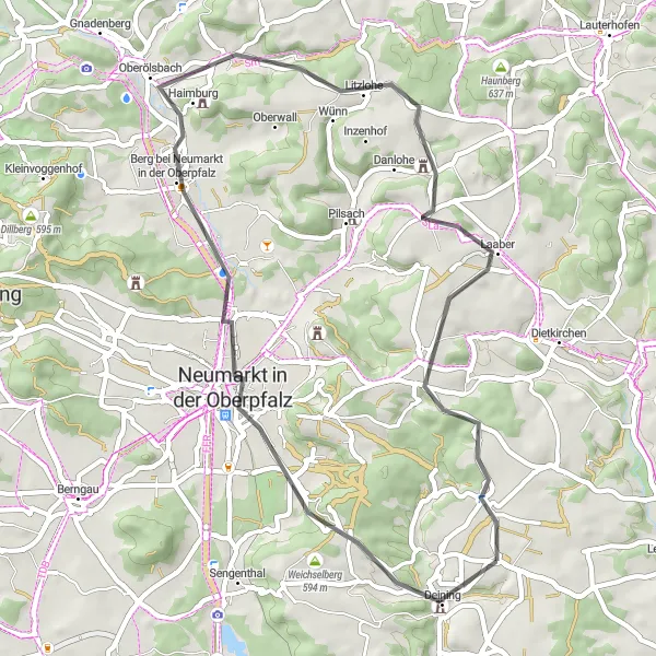 Map miniature of "Road to Neumarkt" cycling inspiration in Oberpfalz, Germany. Generated by Tarmacs.app cycling route planner