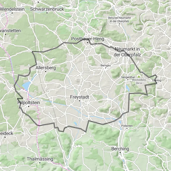 Karten-Miniaturansicht der Radinspiration "Rundtour von Deining nach Leutenbach und Weidenwang" in Oberpfalz, Germany. Erstellt vom Tarmacs.app-Routenplaner für Radtouren