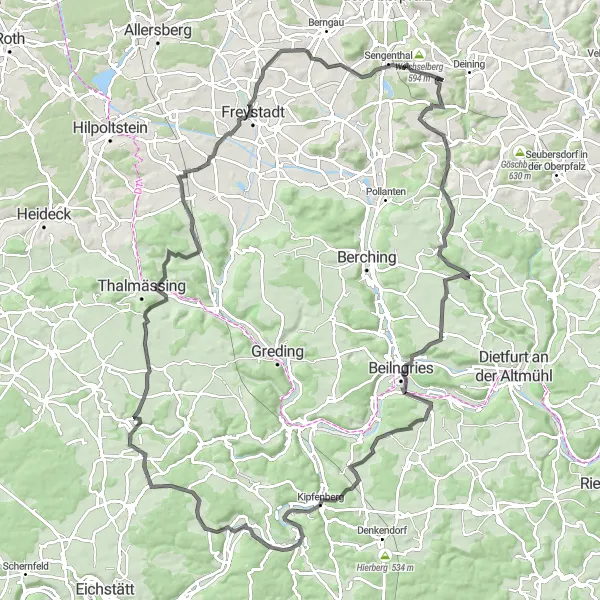 Map miniature of "Thrilling Road Cycling Journey near Deining" cycling inspiration in Oberpfalz, Germany. Generated by Tarmacs.app cycling route planner