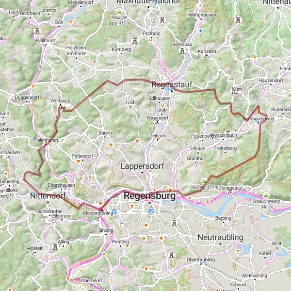 Karten-Miniaturansicht der Radinspiration "Gravel-Abenteuer durch Regensburg" in Oberpfalz, Germany. Erstellt vom Tarmacs.app-Routenplaner für Radtouren