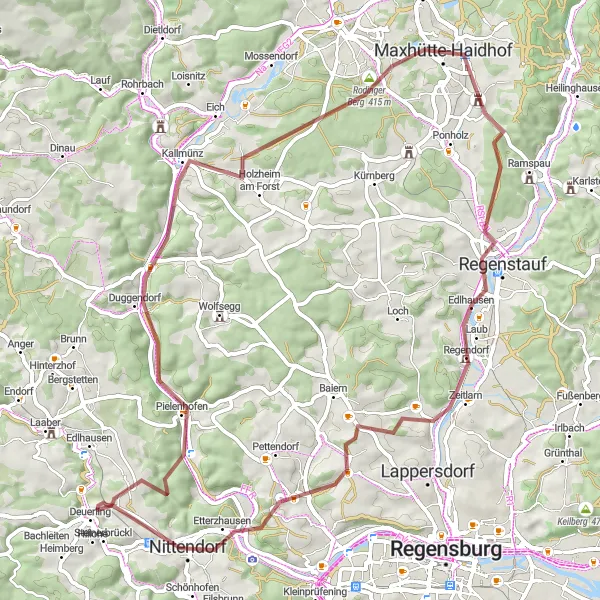 Map miniature of "Kallmünz Gravel Loop" cycling inspiration in Oberpfalz, Germany. Generated by Tarmacs.app cycling route planner