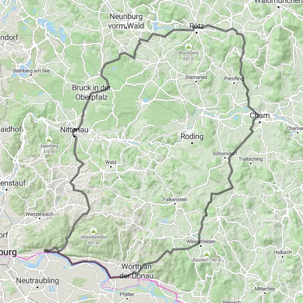 Map miniature of "Rötz and Challenging Uphills Tour" cycling inspiration in Oberpfalz, Germany. Generated by Tarmacs.app cycling route planner