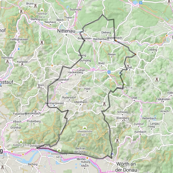 Karten-Miniaturansicht der Radinspiration "Rundfahrt durch Bernhardswald und Nepal Himalaya Pavillon" in Oberpfalz, Germany. Erstellt vom Tarmacs.app-Routenplaner für Radtouren