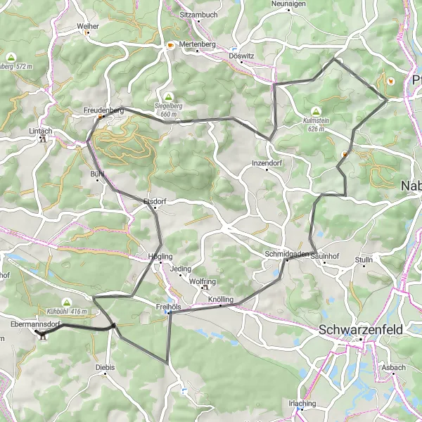 Karten-Miniaturansicht der Radinspiration "Oberer Kolmberg Schleißdorf Tour" in Oberpfalz, Germany. Erstellt vom Tarmacs.app-Routenplaner für Radtouren