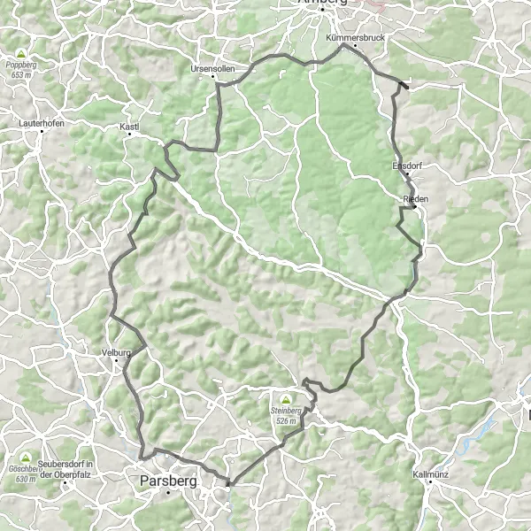 Map miniature of "Road Adventure around Ebermannsdorf" cycling inspiration in Oberpfalz, Germany. Generated by Tarmacs.app cycling route planner