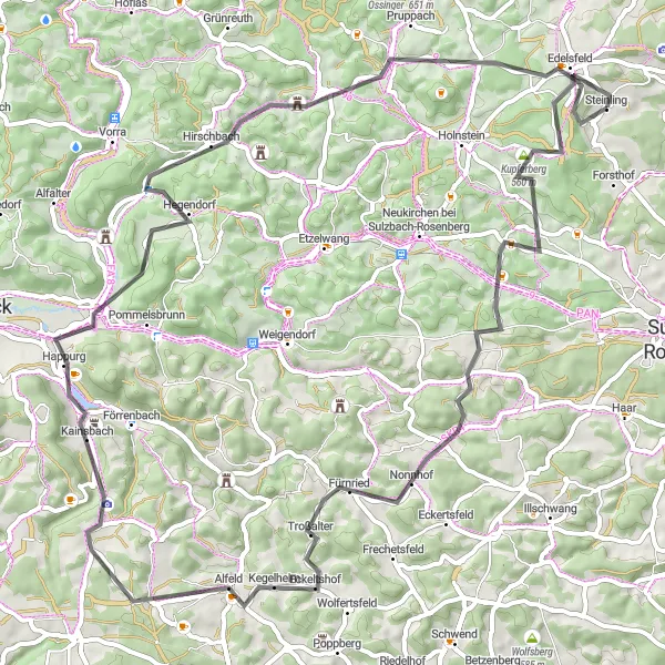 Karten-Miniaturansicht der Radinspiration "Hügeliges Abenteuer rund um Edelsfeld" in Oberpfalz, Germany. Erstellt vom Tarmacs.app-Routenplaner für Radtouren