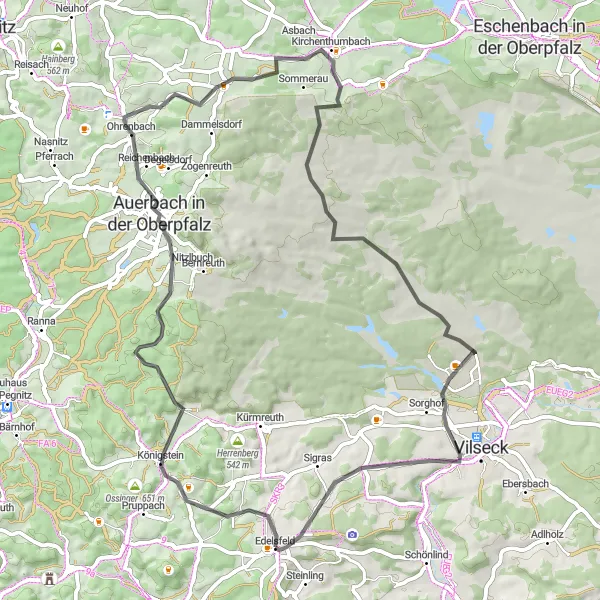 Map miniature of "Scenic Road Trip in Oberpfalz" cycling inspiration in Oberpfalz, Germany. Generated by Tarmacs.app cycling route planner