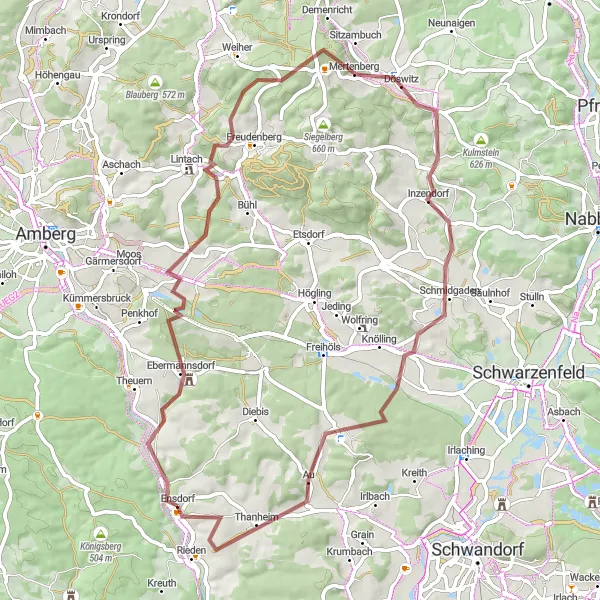 Map miniature of "Gravel Adventure in Upper Palatinate" cycling inspiration in Oberpfalz, Germany. Generated by Tarmacs.app cycling route planner