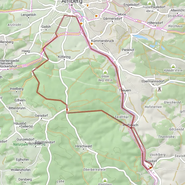Karten-Miniaturansicht der Radinspiration "Gravel-Tour um Leidersdorf und Amberg" in Oberpfalz, Germany. Erstellt vom Tarmacs.app-Routenplaner für Radtouren
