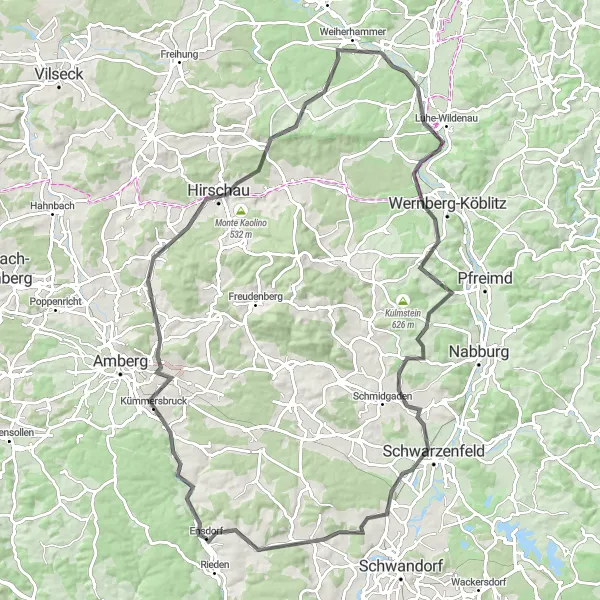 Map miniature of "Bavarian Road Adventure" cycling inspiration in Oberpfalz, Germany. Generated by Tarmacs.app cycling route planner