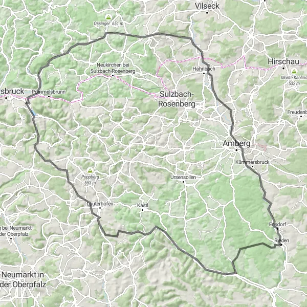 Map miniature of "Challenging Hills Expedition" cycling inspiration in Oberpfalz, Germany. Generated by Tarmacs.app cycling route planner