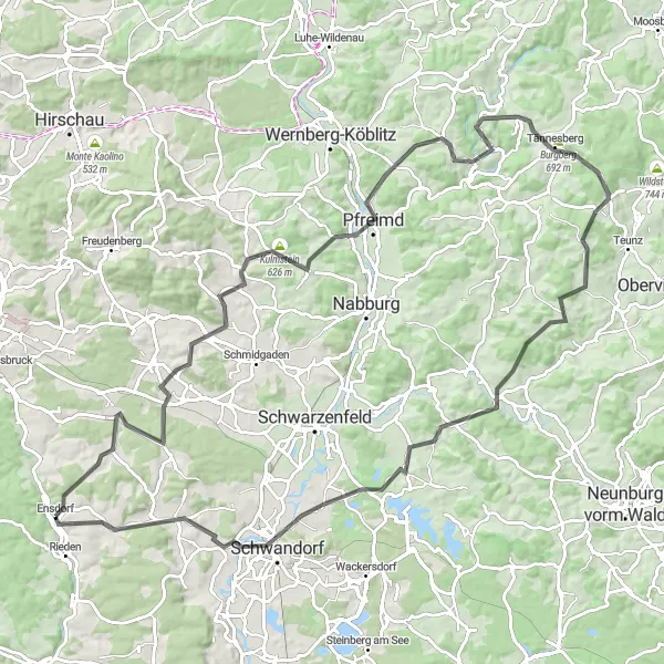 Map miniature of "The Ultimate Road Cycling Challenge" cycling inspiration in Oberpfalz, Germany. Generated by Tarmacs.app cycling route planner