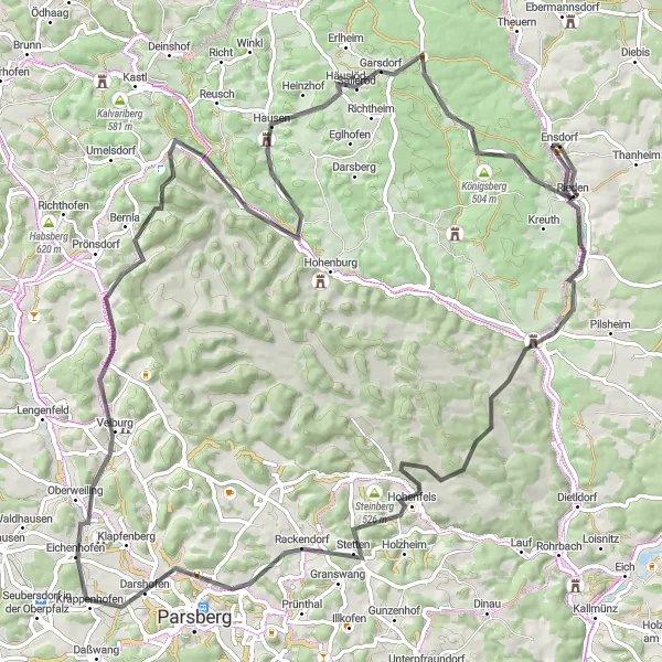 Karten-Miniaturansicht der Radinspiration "Road-Tour durch Schmidmühlen und Hohenfels" in Oberpfalz, Germany. Erstellt vom Tarmacs.app-Routenplaner für Radtouren