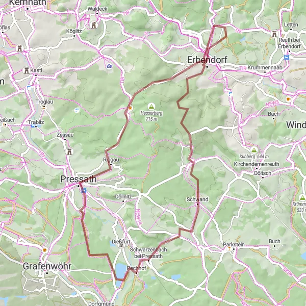 Map miniature of "Erbendorf Gravel Adventure" cycling inspiration in Oberpfalz, Germany. Generated by Tarmacs.app cycling route planner