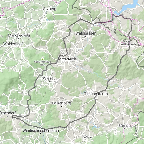 Karten-Miniaturansicht der Radinspiration "Hügelige Straßentour um Tirschenreuth" in Oberpfalz, Germany. Erstellt vom Tarmacs.app-Routenplaner für Radtouren