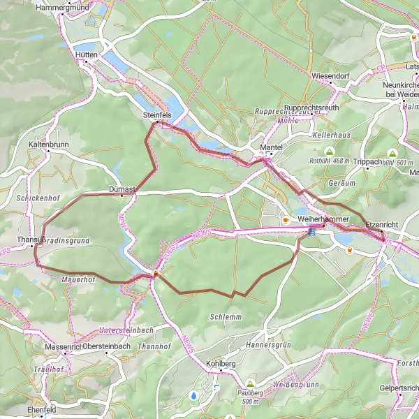 Map miniature of "A Taste of Tranquility" cycling inspiration in Oberpfalz, Germany. Generated by Tarmacs.app cycling route planner