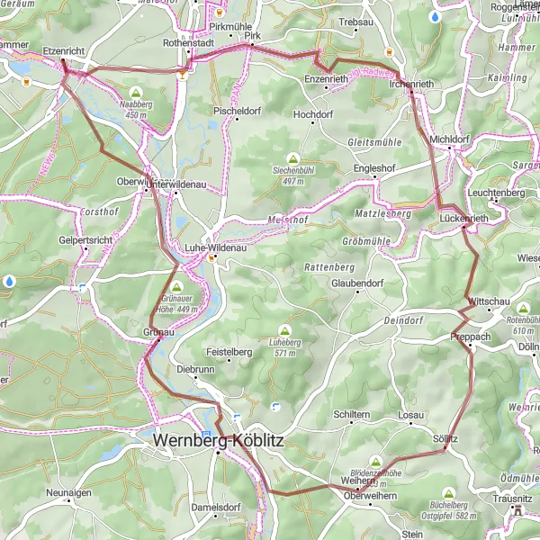 Karten-Miniaturansicht der Radinspiration "Gravel-Tour Etzenricht - Oberwildenau" in Oberpfalz, Germany. Erstellt vom Tarmacs.app-Routenplaner für Radtouren