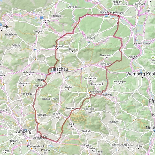 Map miniature of "Gravel Challenge" cycling inspiration in Oberpfalz, Germany. Generated by Tarmacs.app cycling route planner