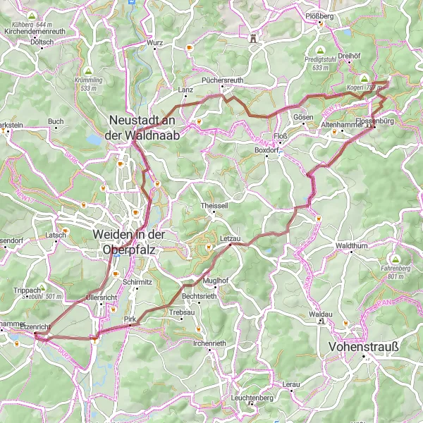 Karten-Miniaturansicht der Radinspiration "Weiden und Pirk Gravel Tour" in Oberpfalz, Germany. Erstellt vom Tarmacs.app-Routenplaner für Radtouren