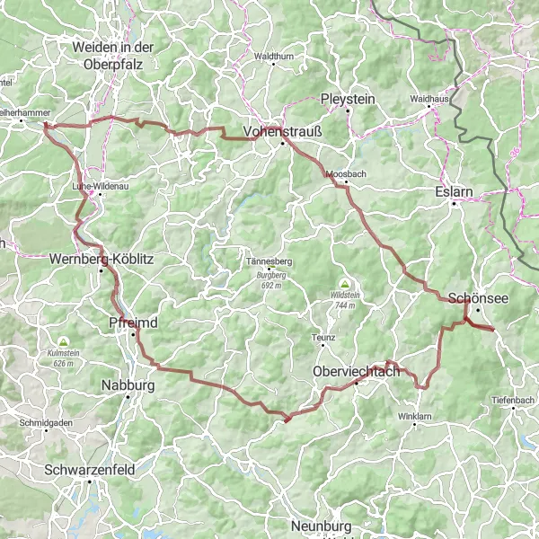 Map miniature of "Through the Peaks and Valleys" cycling inspiration in Oberpfalz, Germany. Generated by Tarmacs.app cycling route planner