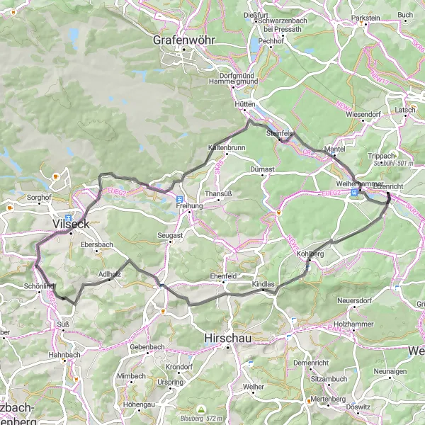 Karten-Miniaturansicht der Radinspiration "Road-Trip Etzenricht - Weiherhammer" in Oberpfalz, Germany. Erstellt vom Tarmacs.app-Routenplaner für Radtouren