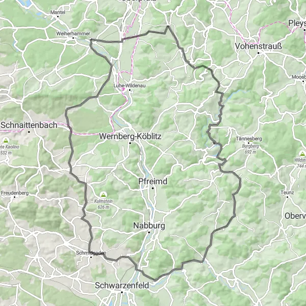 Map miniature of "The Road to Serenity" cycling inspiration in Oberpfalz, Germany. Generated by Tarmacs.app cycling route planner