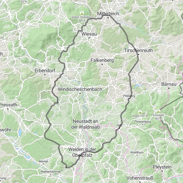 Map miniature of "A Journey through History" cycling inspiration in Oberpfalz, Germany. Generated by Tarmacs.app cycling route planner