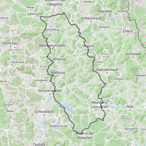 Map miniature of "The Ultimate Oberpfalz Challenge" cycling inspiration in Oberpfalz, Germany. Generated by Tarmacs.app cycling route planner