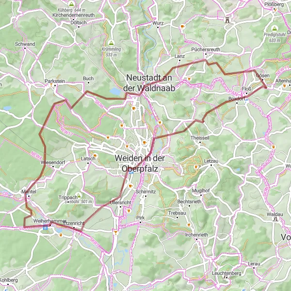 Map miniature of "Weiden in der Oberpfalz Route" cycling inspiration in Oberpfalz, Germany. Generated by Tarmacs.app cycling route planner