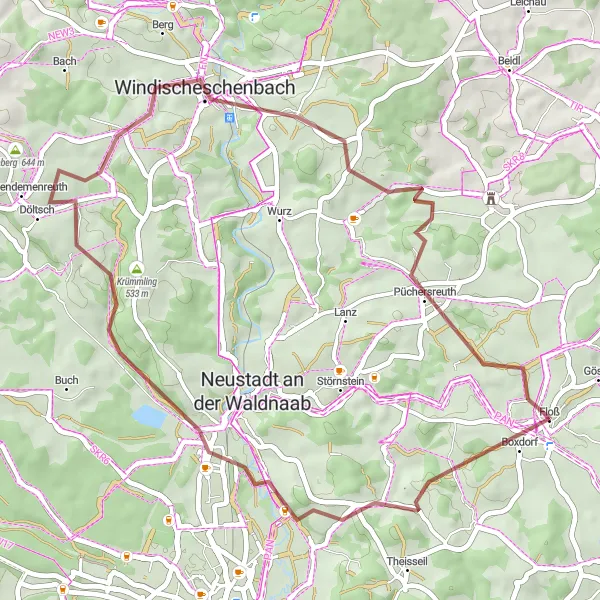 Map miniature of "Gravel Route Through Floss" cycling inspiration in Oberpfalz, Germany. Generated by Tarmacs.app cycling route planner