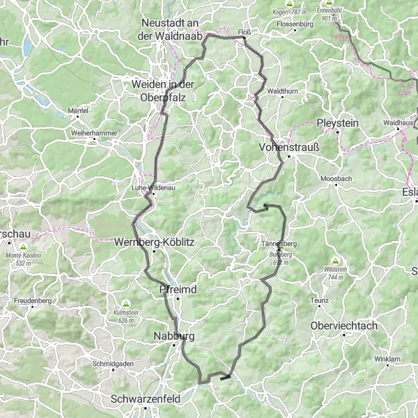 Map miniature of "Hilltops and Valleys" cycling inspiration in Oberpfalz, Germany. Generated by Tarmacs.app cycling route planner