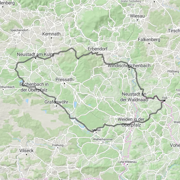 Map miniature of "Challenging Road Cycling Trail near Floß" cycling inspiration in Oberpfalz, Germany. Generated by Tarmacs.app cycling route planner