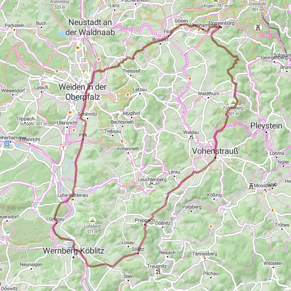 Map miniature of "Vohenstrauß Gravel Challenge" cycling inspiration in Oberpfalz, Germany. Generated by Tarmacs.app cycling route planner