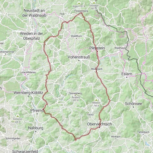 Karten-Miniaturansicht der Radinspiration "Herausfordernde Graveltour durch den Naturpark Oberpfälzer Wald" in Oberpfalz, Germany. Erstellt vom Tarmacs.app-Routenplaner für Radtouren