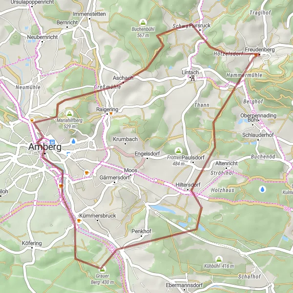 Map miniature of "Gravel Route: Hiltersdorf to Altberg (Oberpfalz)" cycling inspiration in Oberpfalz, Germany. Generated by Tarmacs.app cycling route planner