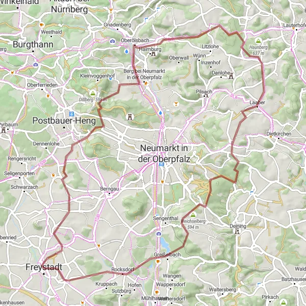 Karten-Miniaturansicht der Radinspiration "Abenteuerliche Fahrt nach Freystadt" in Oberpfalz, Germany. Erstellt vom Tarmacs.app-Routenplaner für Radtouren