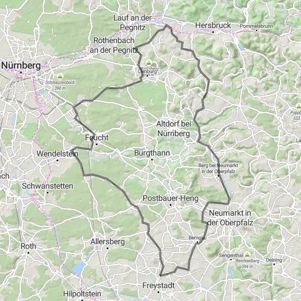 Karten-Miniaturansicht der Radinspiration "Die Auerhahn-Tour" in Oberpfalz, Germany. Erstellt vom Tarmacs.app-Routenplaner für Radtouren