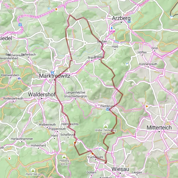 Map miniature of "Gravel Adventure through Fuchsmühl" cycling inspiration in Oberpfalz, Germany. Generated by Tarmacs.app cycling route planner