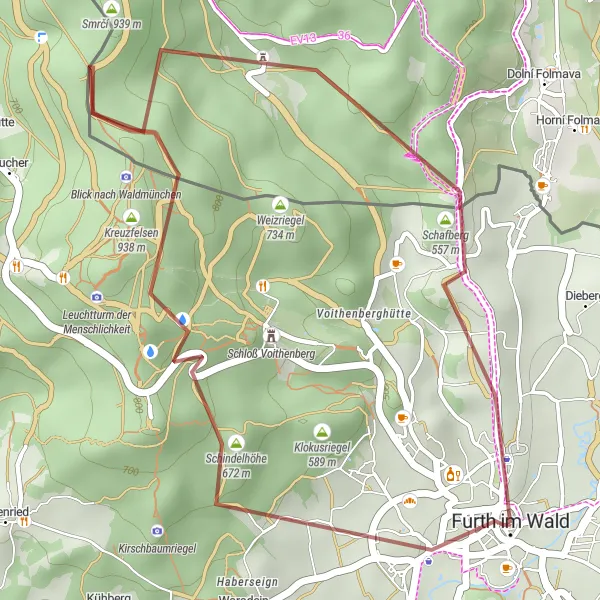 Karten-Miniaturansicht der Radinspiration "Entdecke die Felsen von Furth im Wald" in Oberpfalz, Germany. Erstellt vom Tarmacs.app-Routenplaner für Radtouren