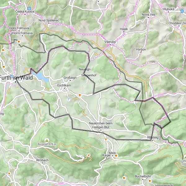 Map miniature of "Scenic Road Cycling Route with Historical Highlights" cycling inspiration in Oberpfalz, Germany. Generated by Tarmacs.app cycling route planner