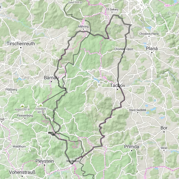 Karten-Miniaturansicht der Radinspiration "Bergtour durch den Bayerischen Wald und Böhmen" in Oberpfalz, Germany. Erstellt vom Tarmacs.app-Routenplaner für Radtouren