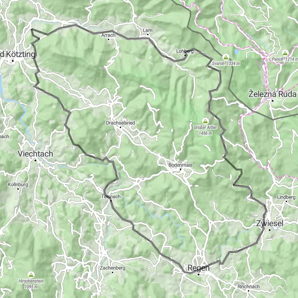 Karten-Miniaturansicht der Radinspiration "Straßenrundtour durch den Bayerischen Wald" in Oberpfalz, Germany. Erstellt vom Tarmacs.app-Routenplaner für Radtouren