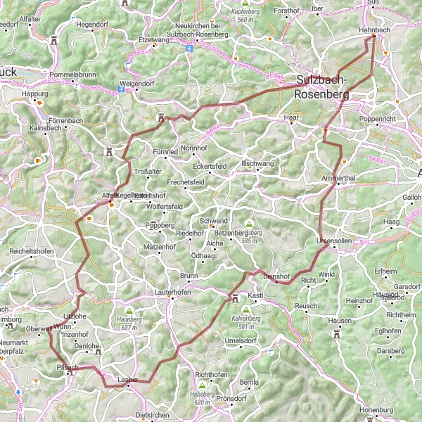 Karten-Miniaturansicht der Radinspiration "Hahnbach - Bauernberg - Ammerthal - Dietlberg - Schweppermannsburg - Schloß Pilsach - Ottenberg - Alfeld - Schellenberg - Spitalberg - Hahnbach" in Oberpfalz, Germany. Erstellt vom Tarmacs.app-Routenplaner für Radtouren